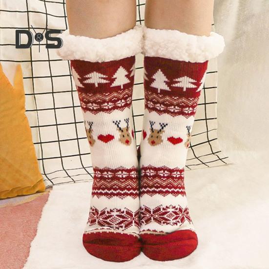 1 Pair Winter Floor Socks Thickened Fuzzy Plush Warmth Retention Christmas Elk Snowflake Print Leg Warmer Silicone Bottom Fall Winter Floor Socks