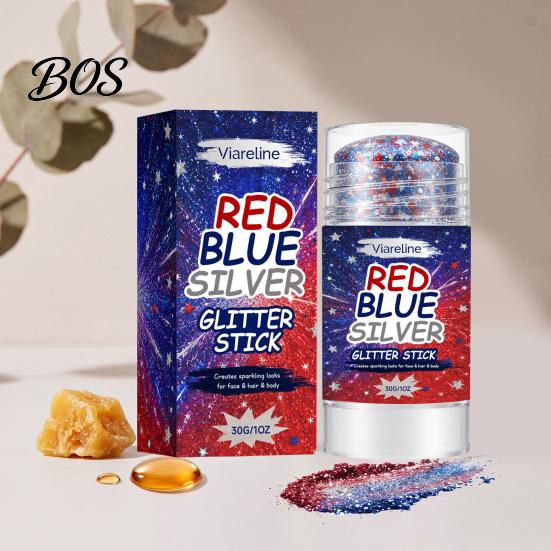 Music Festival Makeup Stick 30G Independence Day Body Glitter Stick, Patriotic American Flag Face Hair Beginner Friendly Glitter Red Blue Silver-color