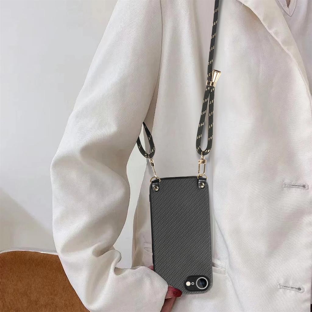 For iPhone 16e Case Carbon Fiber Texture PU+PC+TPU Anti Drop Phone Cover with Crossbody Lanyard