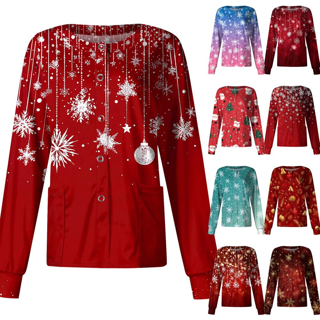 Women's Casual Long-sleeved Single-breasted Christmas Printed Protective Clothing Cardigan Top