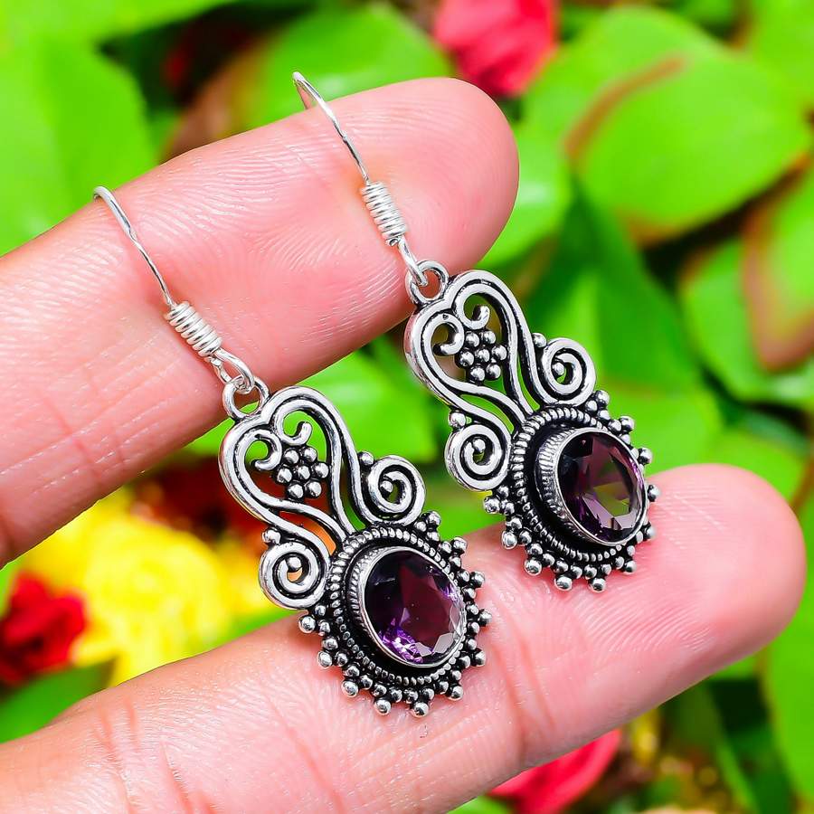 Amethyst Gemstone Handmade 925 Sterling Silver Jewelry Earring 1.77" j0R62