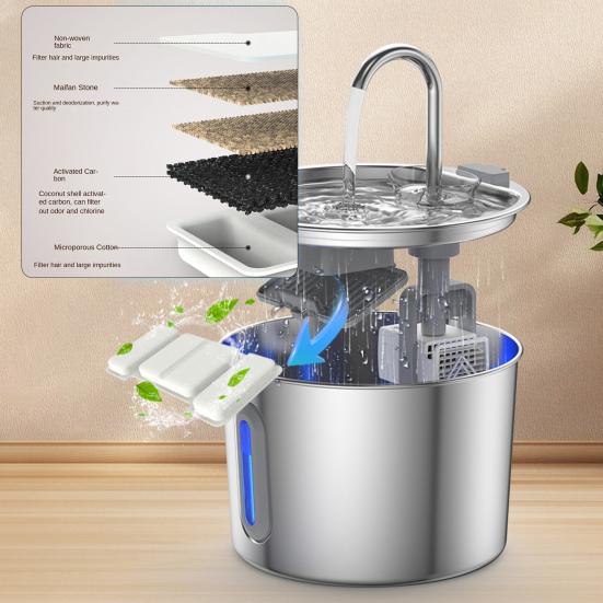 Фонтан для воды 2,2 л из нержавеющей стали, тихий фонтанчик для питомцев с четверным