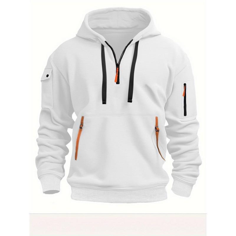 Mens Winter Hooded Zip-Up Sweatshirt With Multiple Pockets Loose Fit Cotton Blend Sport Casual Pullover