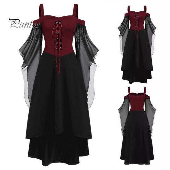 Женское платье для косплея в готическом стиле, костюм ведьмы на Хэллоуин, на шнуровке, без воротника, в тон, с длинными рукавами и рогами, платье трапециевидной формы