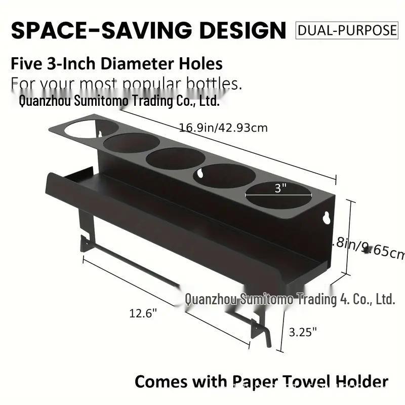 Wall-Mounted Black Metal Storage Shelf for Bottles, Jars, and Paper Rolls