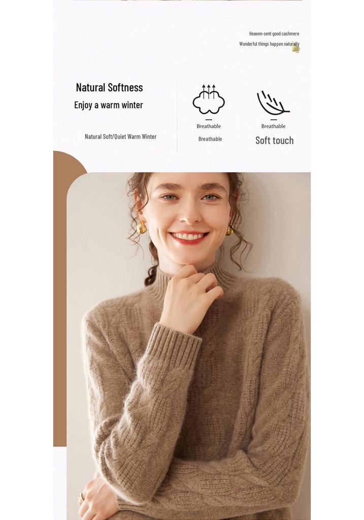 Women's Heavyweight Cashmere Jacquard Sweater - Thick Half-High Neck, Long Sleeve, Winter Knit Pullover