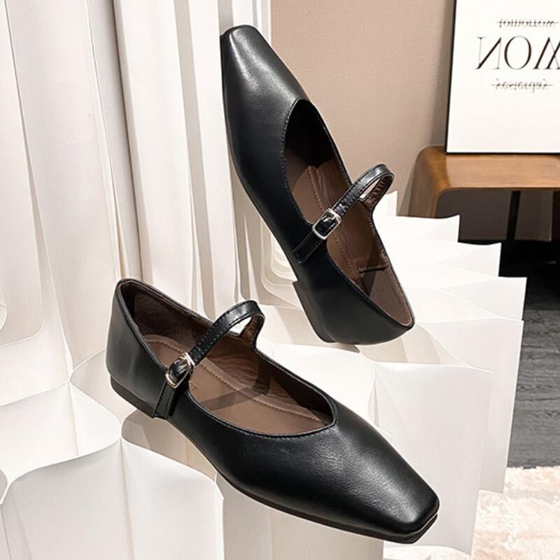 Квадратный носок неглубокие балетки на плоской подошве женские новые повседневные элегантные туфли Мэри Джейн с пряжкой на плоской подошве обувь для платья Mujer