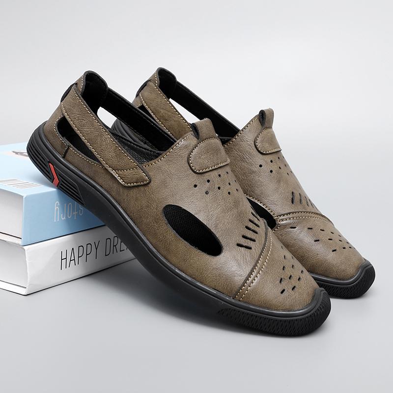 Модные новые летние повседневные кожаные сандалии ручной работы для мужчин, удобные пляжные туфли для отдыха на открытом воздухе, дышащие, открытые, на плоской подошве, дизайнерские мужские легкие мокасины