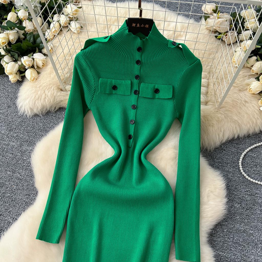 Весна Осень Женский Элегантный Вязаный Свитер со Стойкой Воротником Офисная Работа Длинные Миди Приталенные Платья-Футляры