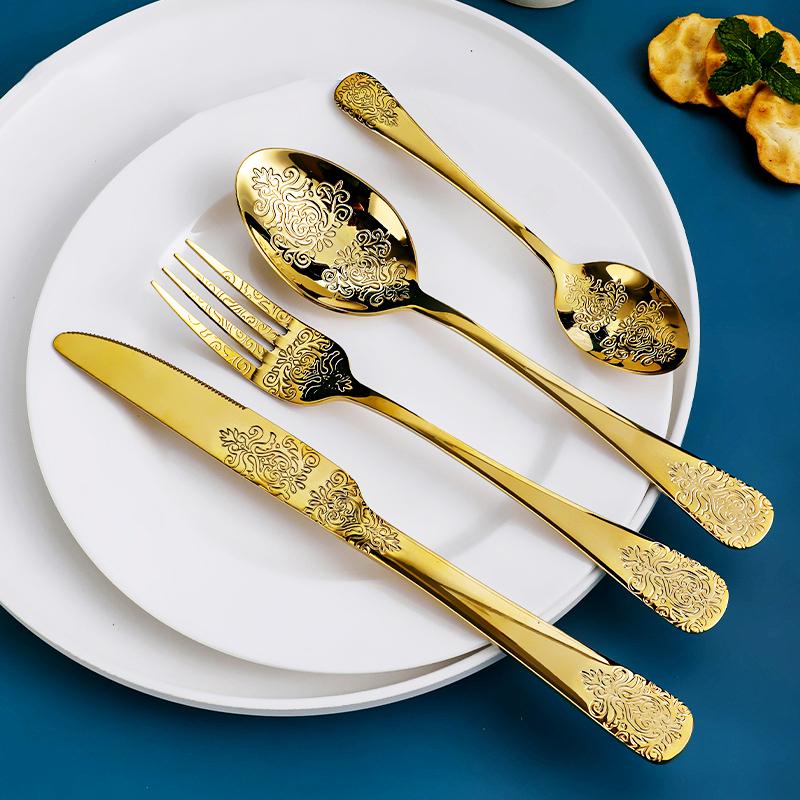 Gold Cutlery Set Vintage Tableware Set Stainless Steel Flatware Knife Fork Spoon Luxury Western Silverware Dinnerware Set
