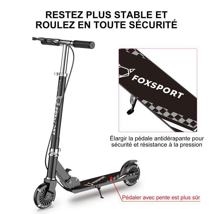 Trottinette Enfants - FOXSPORT - Réglable En Hauteur - Frein À Main - Guidon Ajustable De 3 Niveaux - Pliable - Charge 100KG - Noir