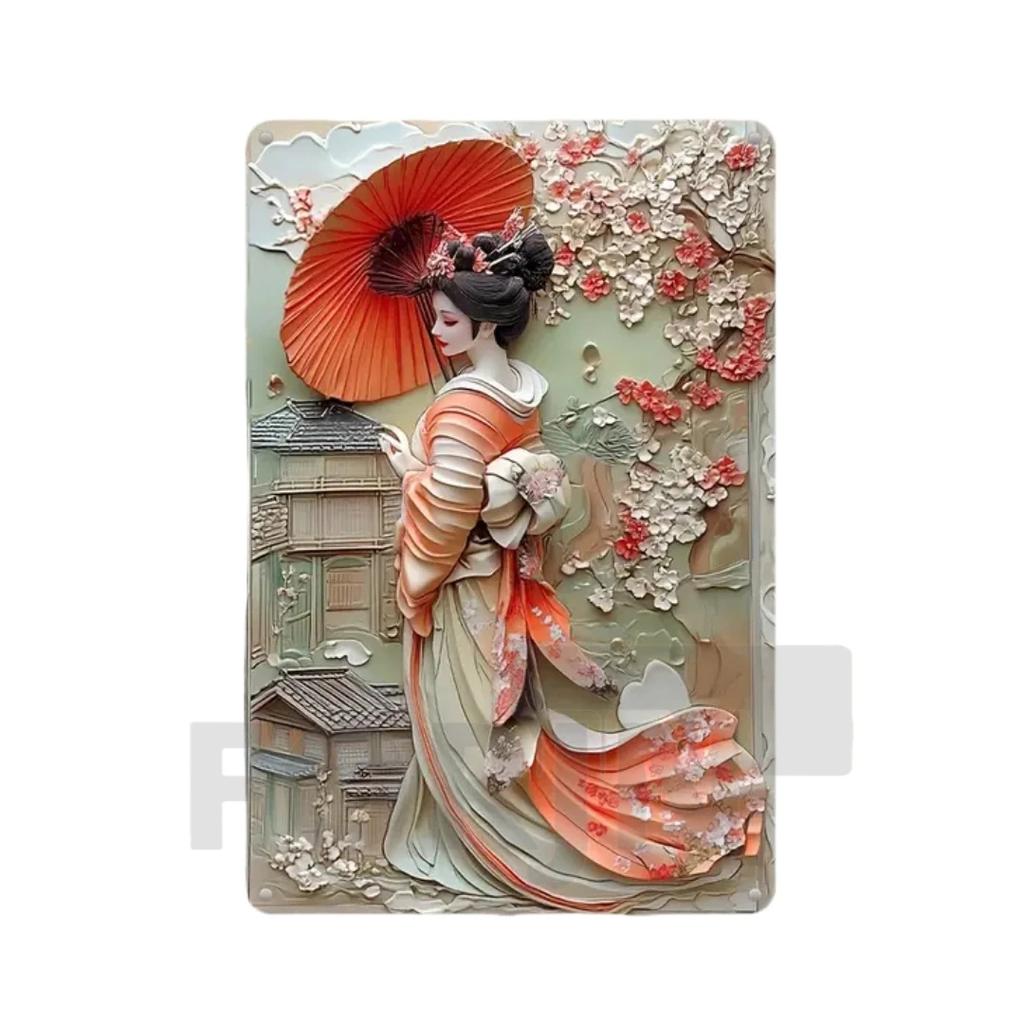 Японская гейша кимоно металлический знак, 2D элегантный японский постер с цветущей вишней, для дома, комнаты, офиса, идзакая, кафе, студии настенный декор