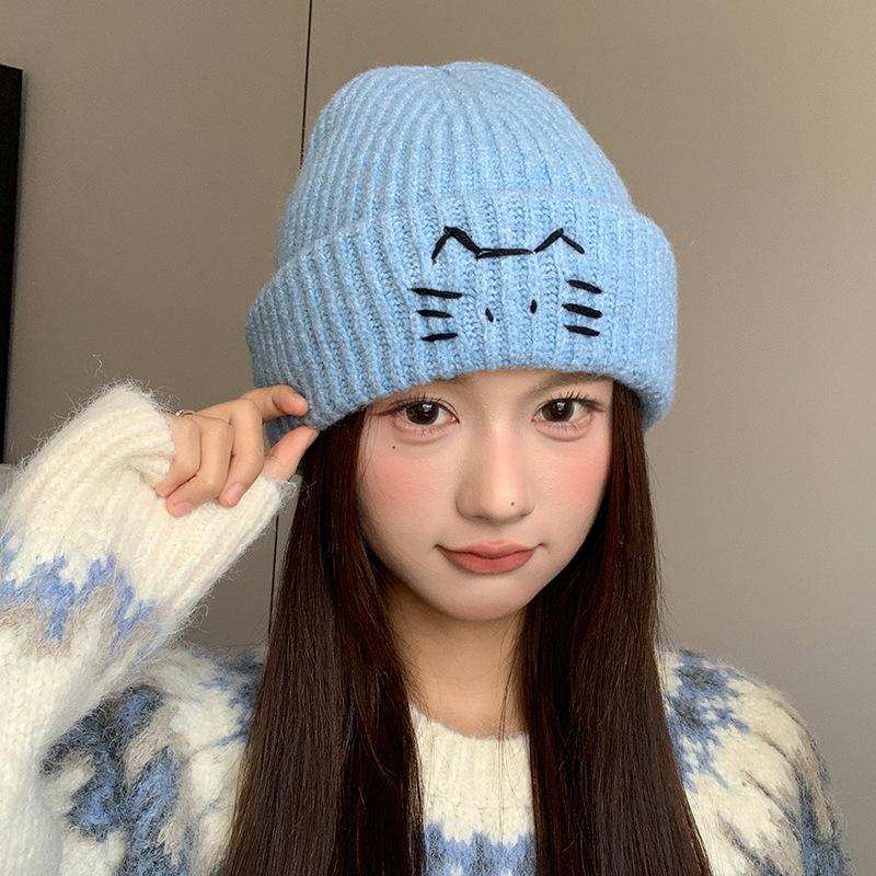 Imitation Wool Woolen Hat for Women Japanese Style Cute Cat Pullover Hat Showing Face Small Autumn and Winter Warm Ear Protection Knitted Hat Trendy