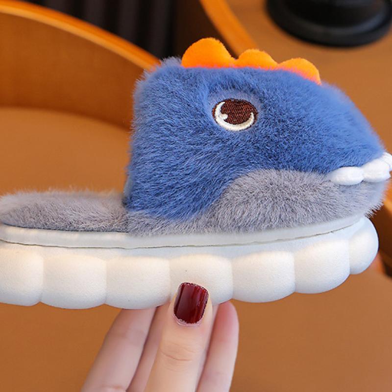 Зимние тапочки для девочек и мальчиков, теплые плюшевые детские домашние тапочки с рисунком акулы, нескользящая детская домашняя обувь на платформе для спальни