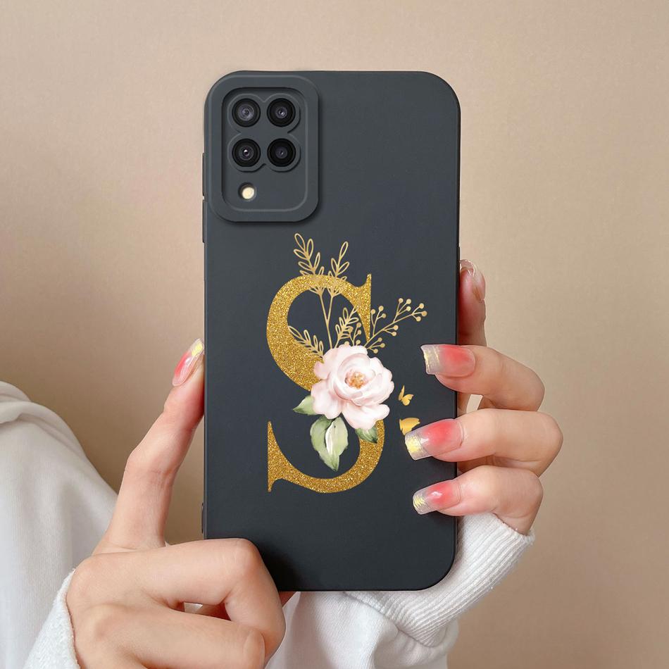 Elegant Case For Samsung M22 M32 4G 5G Rose Letter Phone Shell Lens Protective Cover For Galaxy M32 M22 Liquid Silicone Bumper