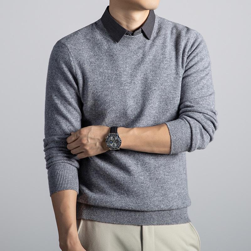 2025 Men's Thick Wool V-Neck Lapel Sweater - Fake Two-Piece Business Knitwear