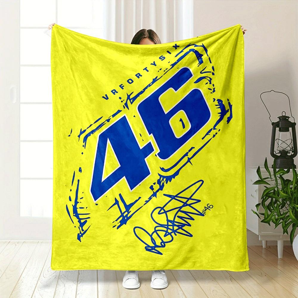 Blue "46" with dynamic lines and signature on a bright yellow background. for all seasons blanket lunch break throw gift