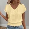 Women Tops V-Neck Short Sleeve Jacquard Decoration Pullover Tops Solid Color Loose Fit Elastic Hem