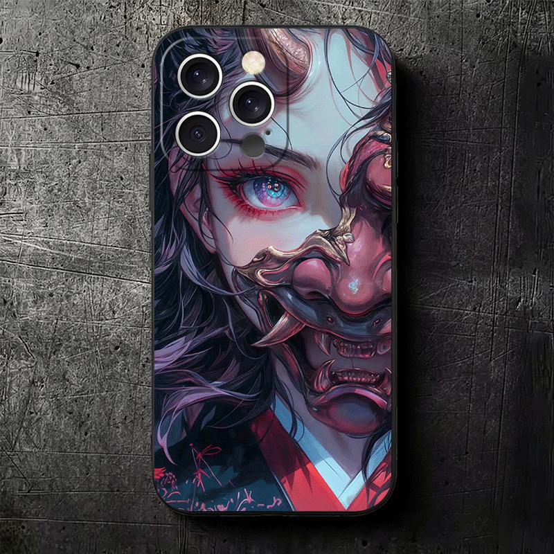 Japanese Oni Mask Girl Soft Phone Case for iPhone 16 16E 17 Air 15 Pro Max 14 Plus 13 Mini 11 12 7 Black Cover Back Shell