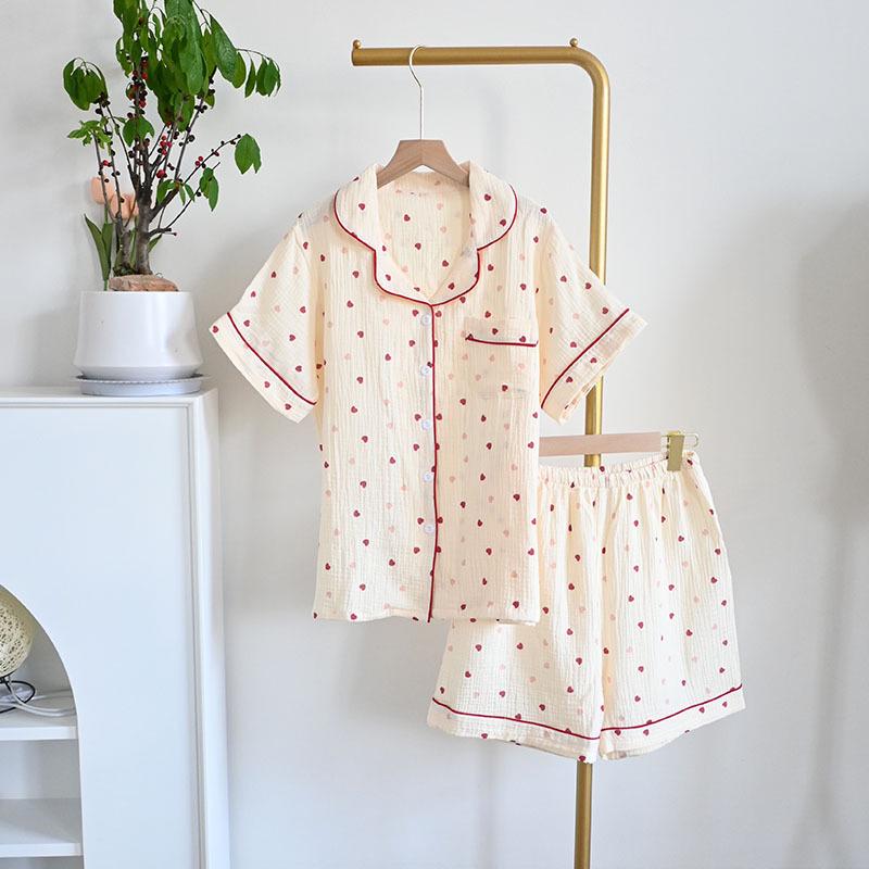 Женский летний пижамный комплект из чистого хлопка - Милый, Дышащий, с коротким рукавом и шортами