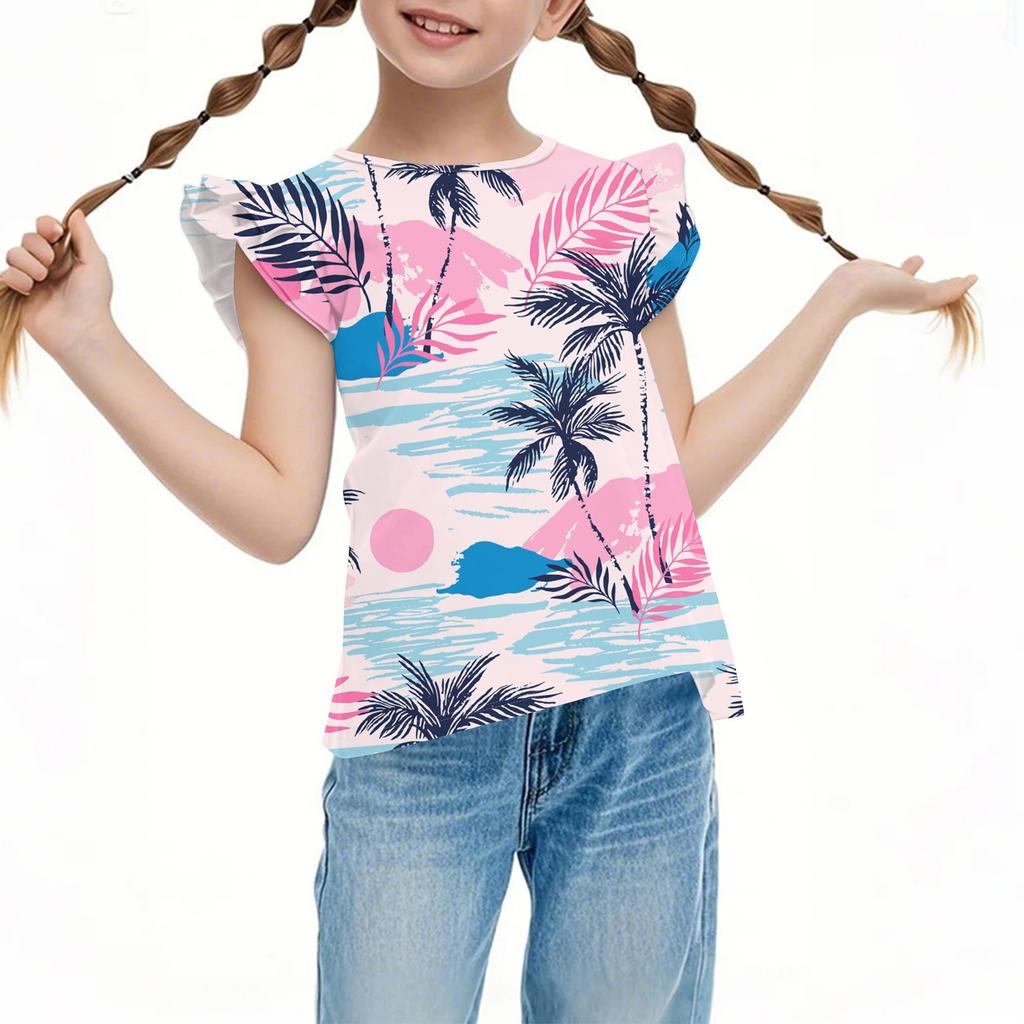 Детский повседневный топ с короткими рукавами, плиссированный, милый, с гавайским принтом, с круглым вырезом