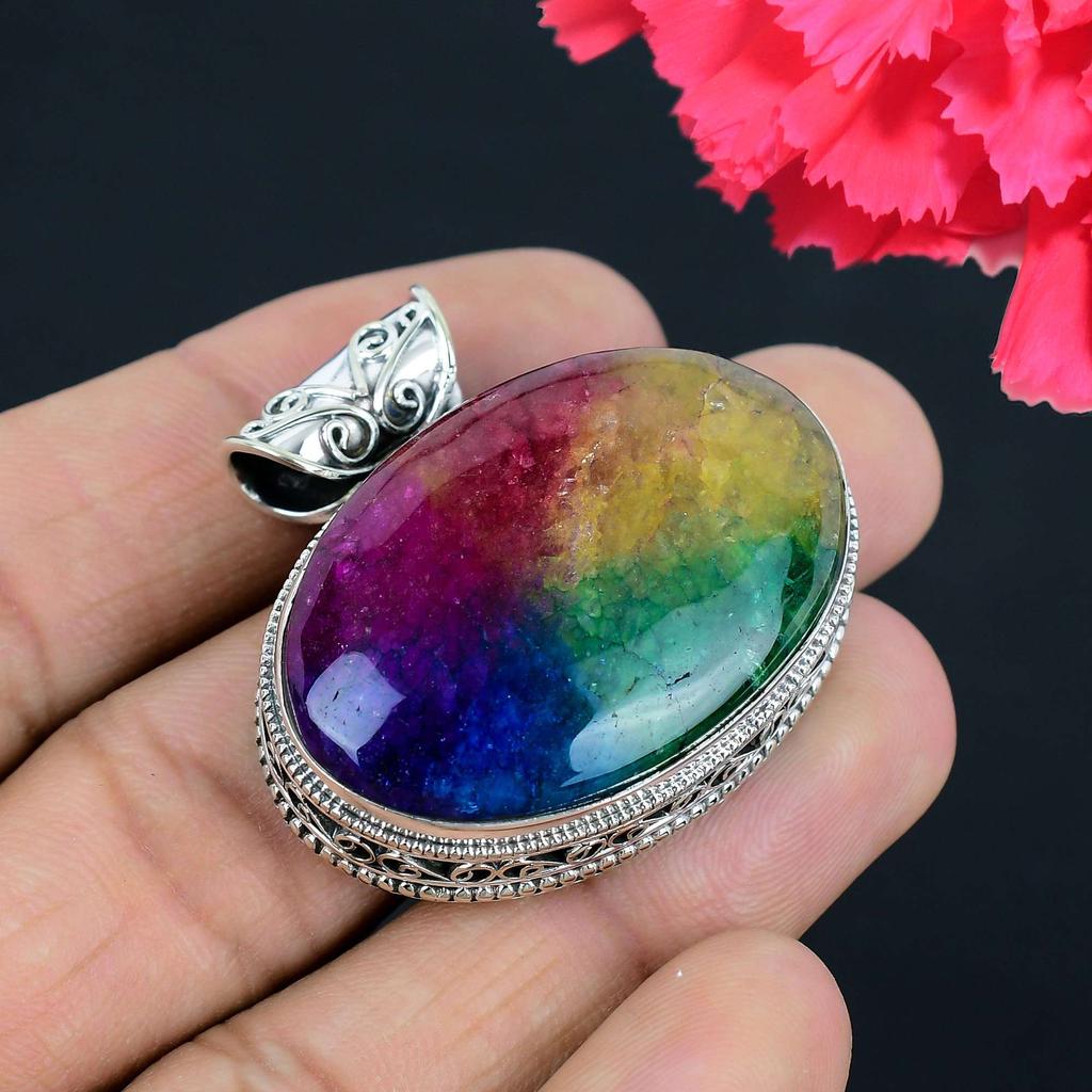 Rainbow Solar Quartz Gemstone Pendant Solid 925 Sterling Silver Pendant Jewelry Gift For Unisex