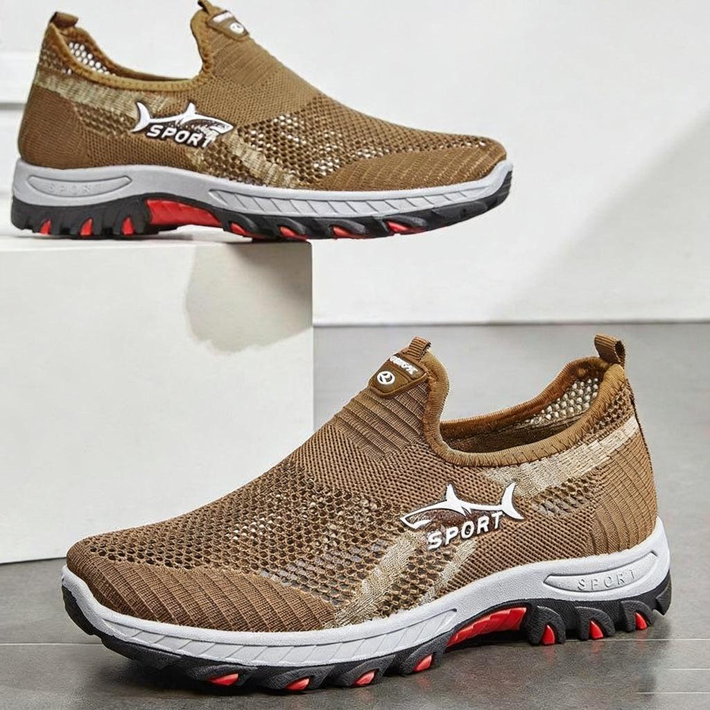 Men's Breathable Mesh Slip-On Sneakers, Lightweight Fly Knit Casual Walking Shoes with Shark Design, Soft Sole Non-Slip Athletic Shoes for Big Size