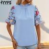 Women's Fashion Casual Summer Spring Flower Pattern Print Short Sleeve Stand-collar Blouses & Shirts