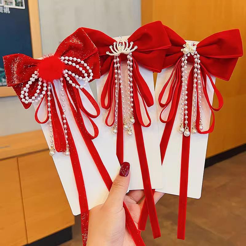 Новогодняя красная блестящая бархатная заколка-бантик для волос на Рождество, благоприятная лента-бантик для волос, женские аксессуары для волос для девочек