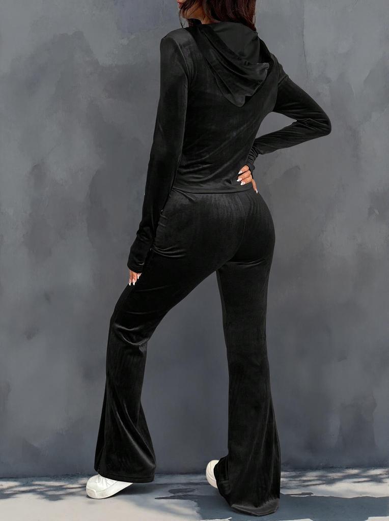 Autumn/Winter Women's Casual Velvet Zipper Hoodie & High-Waist Trousers Set