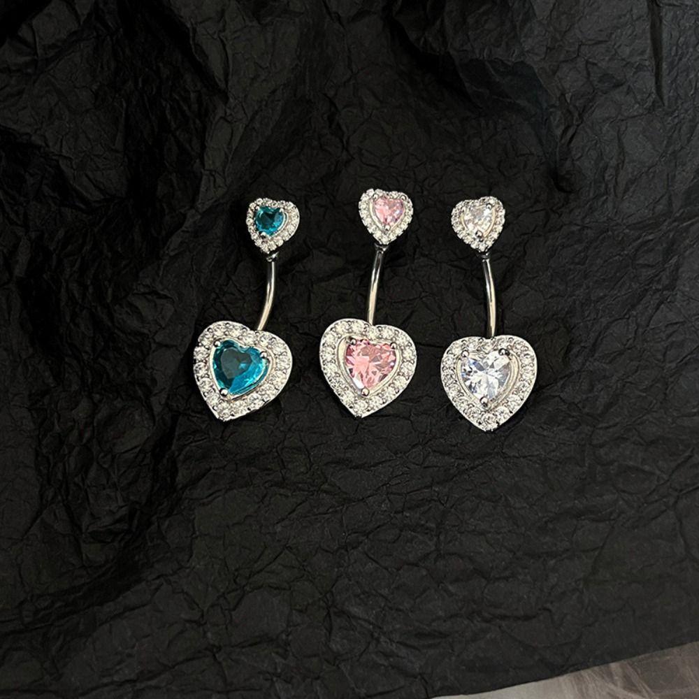 Stainless Steel Double Heart Belly Button Ring Rhinestone Body Piercing Jewelry Girls