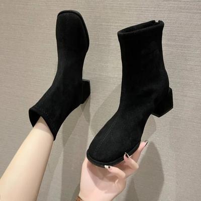 Горячая Распродажа Женские Туфли Женские Сапоги Зимние Замшевые Квадратные Носки Твердые Средней Трубы Толстый Каблук Модные Сапоги Zapatos