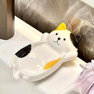 Милый мультяшный кот Поднос для украшений Креативная керамическая полка для слива мыла Забавное украшение для ванной комнаты Экономящая пространство мыльница Украшения для дома