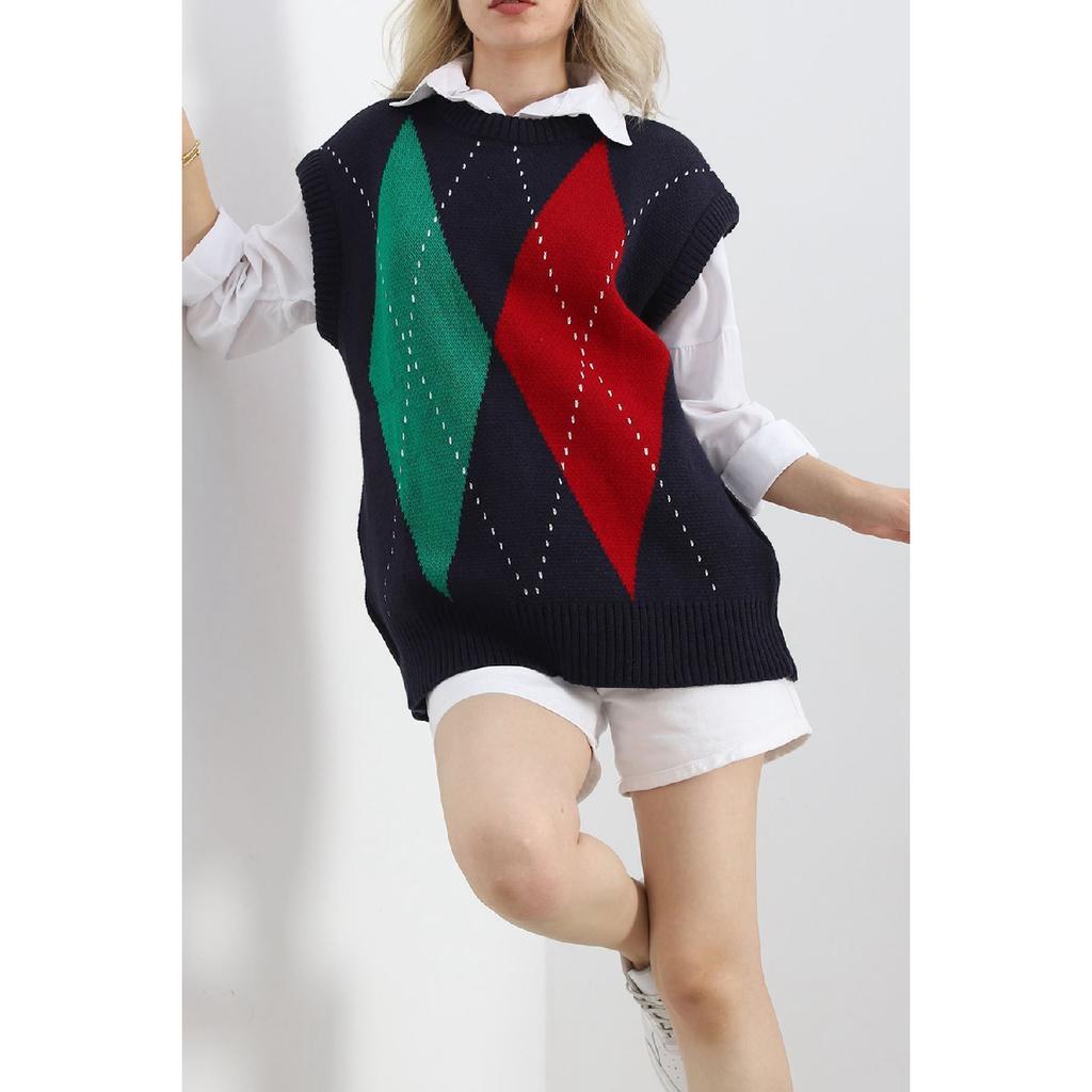 Crew Neck Ethnic Plaid Patterned Comfort Model Oversize Knitwear Sweater Long Sweater Hijab - 18593