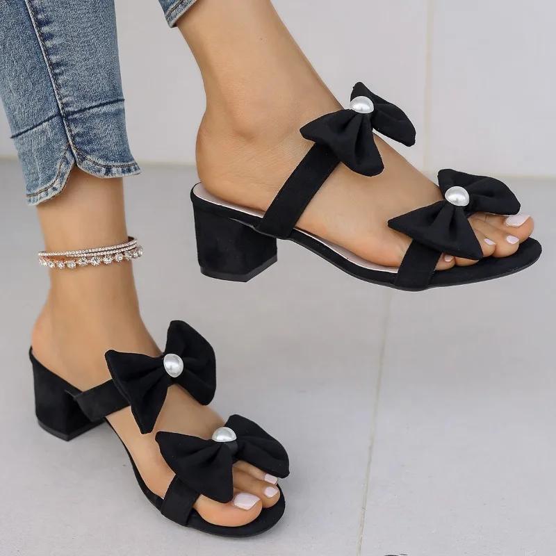 2025 Summer Women's Pearl Bow Tie Slippers Chunky Heel Plus Size Party Sandals for Evening & Daily Wear Slippers Women Zapatos