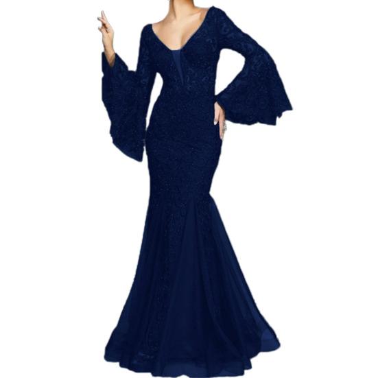 Женское вечернее платье с V-образным вырезом, прозрачной кружевной вышивкой, расклешенными рукавами, бальное платье А-силуэта, подол «рыбий хвост», облегающее коктейльное вечернее платье, выпускной, банкетное платье макси