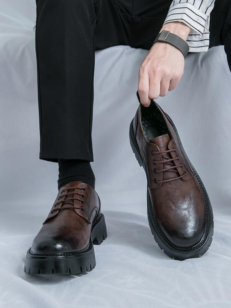 Модные новые толстые туфли с круглым носком в школьном стиле из кожи, мужские деловые туфли на шнуровке, модная обувь в корейском стиле