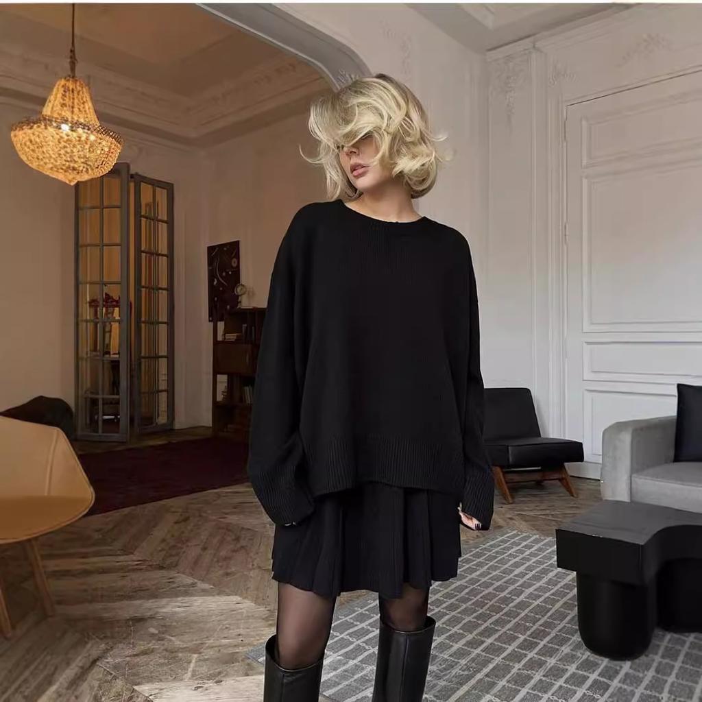 Women's Solid Color Crew Neck Sweater Plus Knit Pleated Skirt Suit