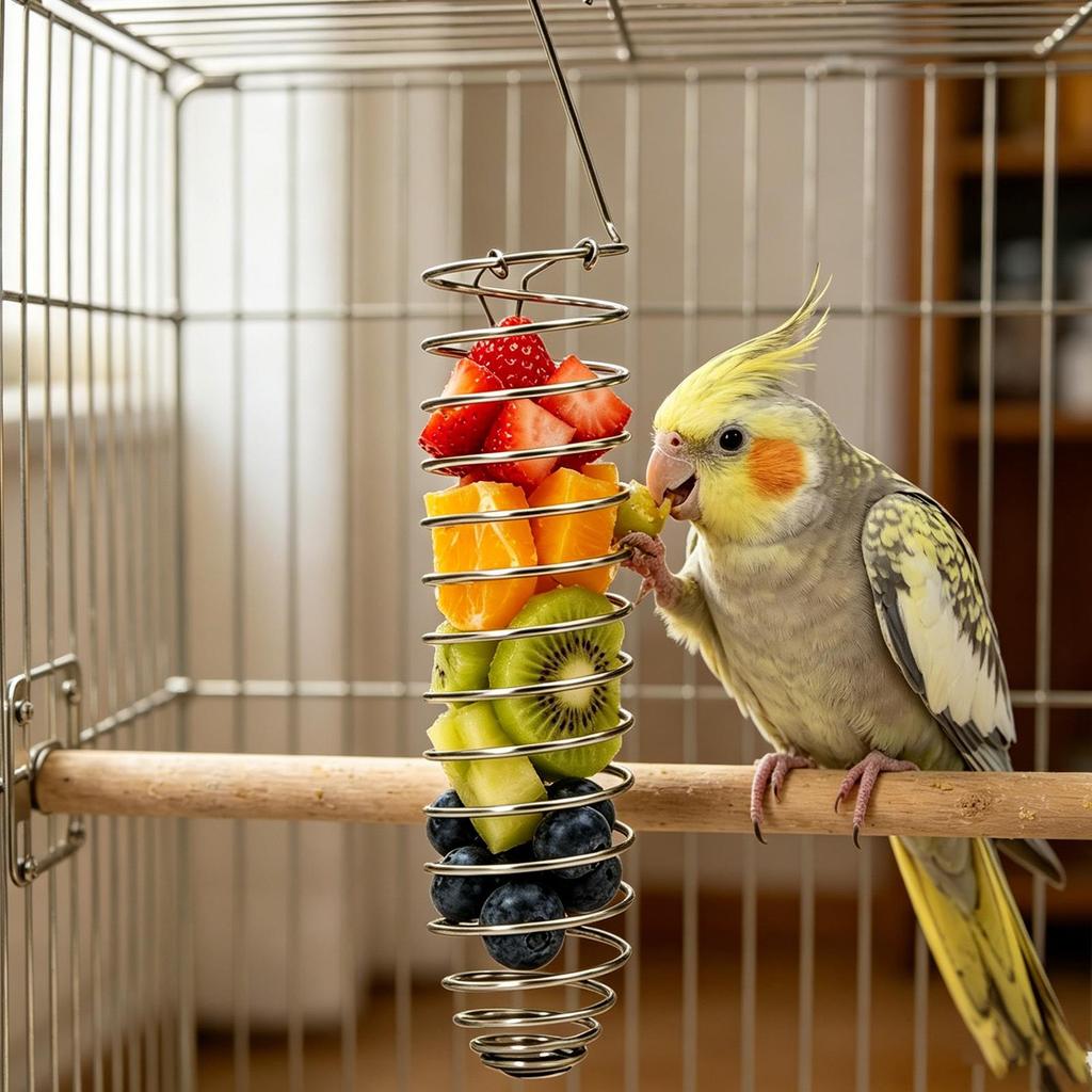 Stainless Steel Parrot Forager Feeder Durable Outdoor Bird Feeding Device Spiral Design Natural Fruit Basket for Small Pets