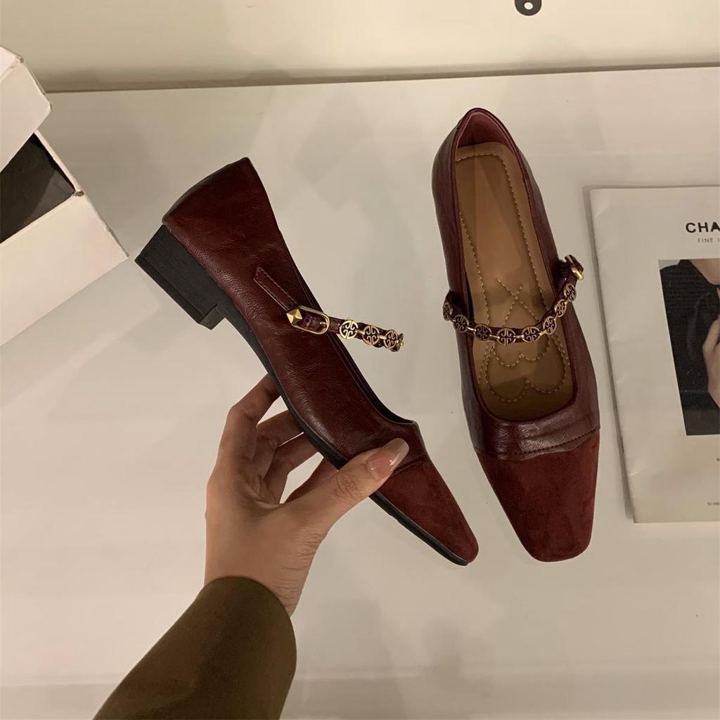 French Low-heeled Red Mary Jane Single Shoes Women's Shoes 2025 New Spring and Autumn Retro Splicing Black Commuter Shoes
