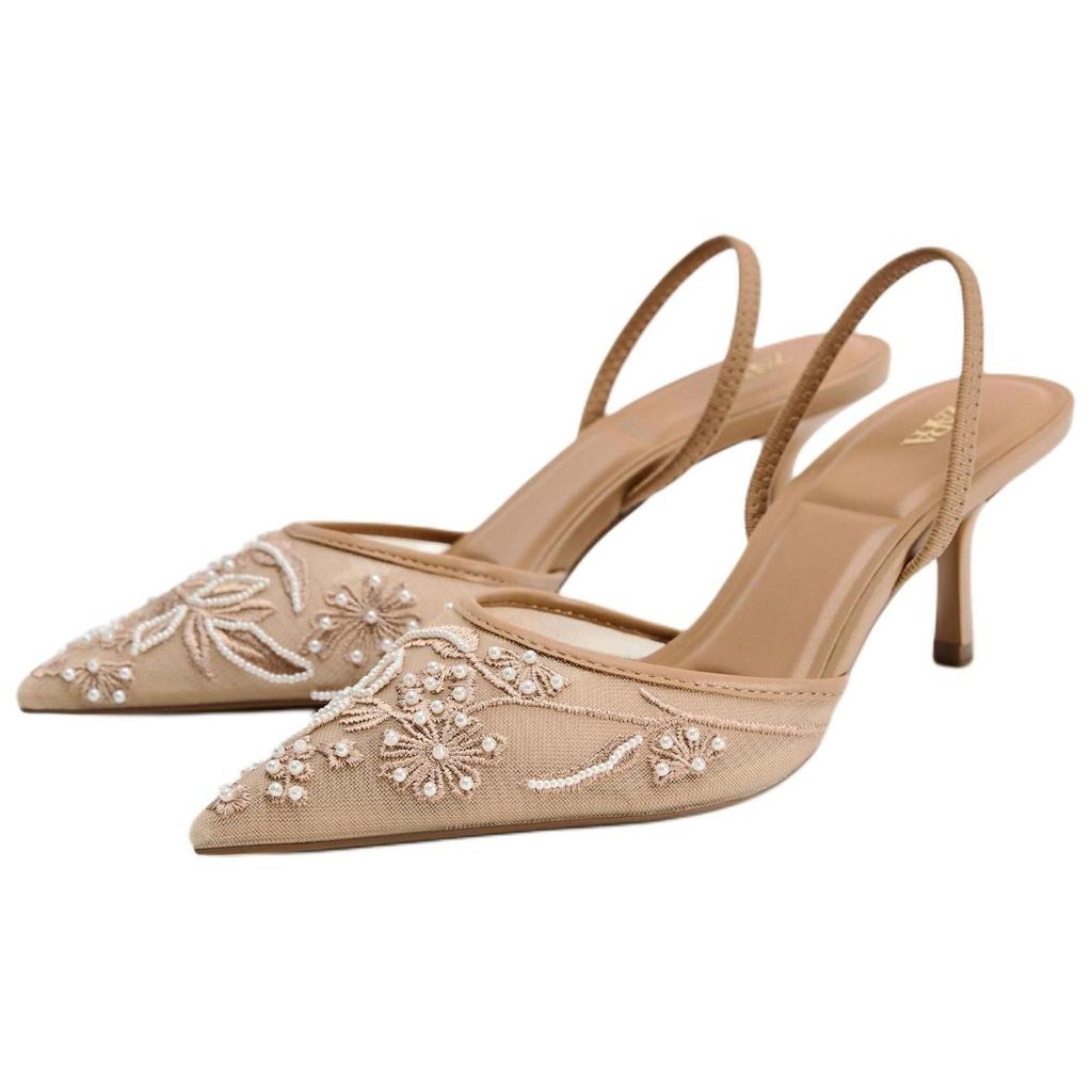 Zara Elegant Embroidered Mesh Open-Back Stiletto Heels 6Cm Women Heels Brown 12256410105