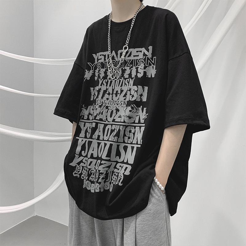 Мужская модная футболка с коротким рукавом в темном стиле с хип-хоп принтом - Свободный крой, Круглый вырез, Летний стиль Гонконг BF