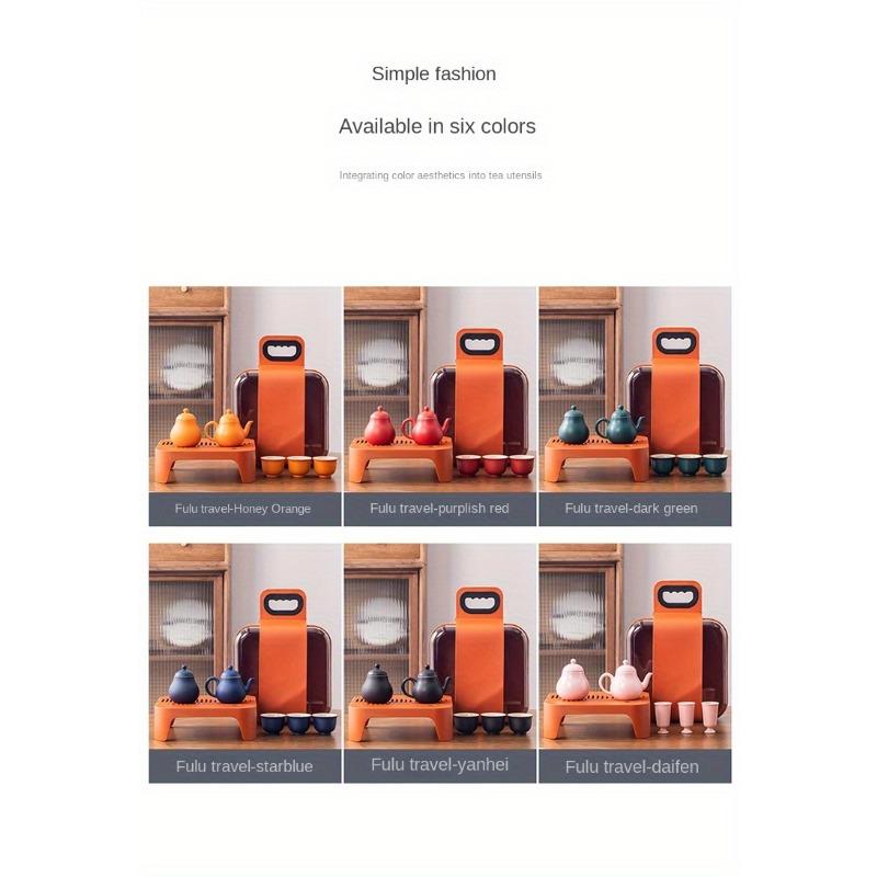 1set Of 6pcs Lucky Orange Ceramic Travel Tea Set Teapot & Cups Portable Tea Kit With Tray & Carrying Case Ideal For Outdoor Camping & Home Use Festive
