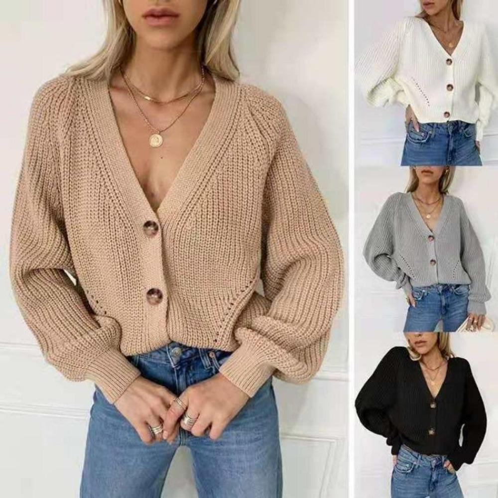 Autumn Winter New Women Solid Color Deep V Neck Lantern Sleeve Button Loose Knitted Cardigan Sweater