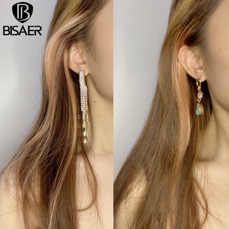 Bisaer Blue Imitation Natural Stone & Pink Imitation Pearls Stud Earrings for Women Fine Jewelry