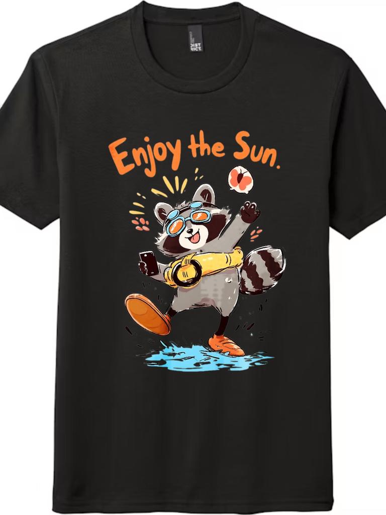 Enjoy the Sun'' Raccoon Summer Graphic T-Shirt Mens Womens Tees Top