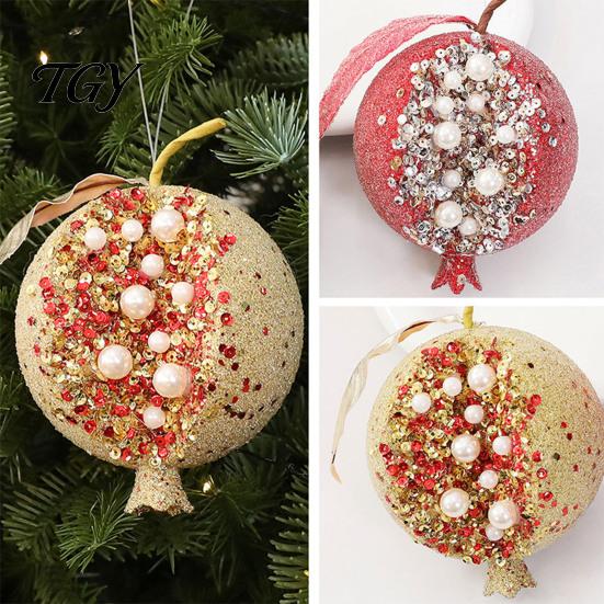 Red And Gold Baubles Handmade Glitter Christmas Tree Pendant, Imitation Pearls Pomegranate Shaped Decorations Baubles, Decorative Hanging Ornaments