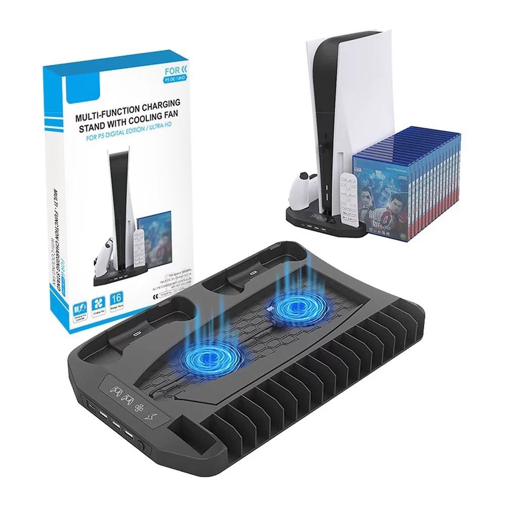 Vertical Stand Cooling Fan System Dual Controller Charging Station Docks with LED Indicator and 2 Port USB Hub for PS5 Game Slots