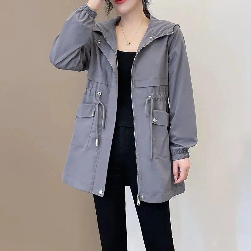 Women's Spring and Fall Medium-length Thin Section Casual Hooded Windbreaker Jacket