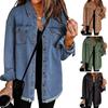Women Denim Coat with Breast Pockets Turn-down Collar Washed Single-breasted Pure Color Wipped Edge Loose Cardigan Long Sleeve Jacket